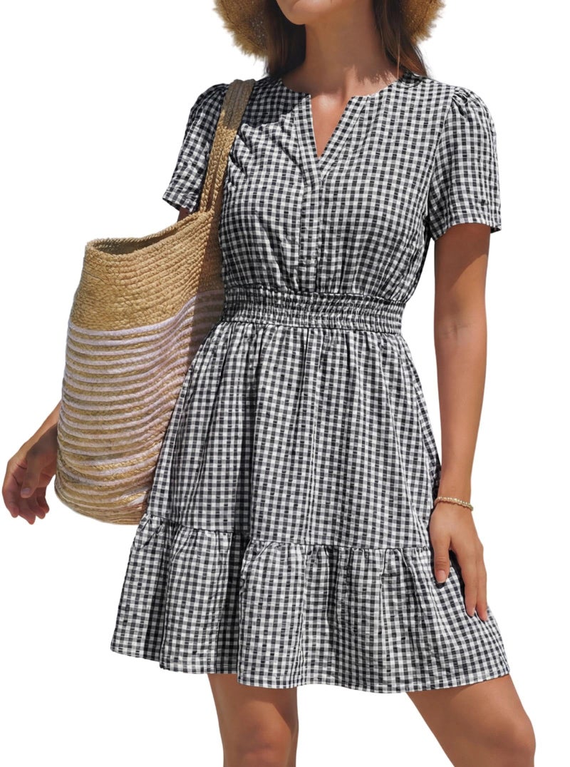 popvil Women Summer Mini Gingham Dress 2026 Spring A Line Casual Sun Dress Short Sleeve Beach Vacation Boho V Neck Short Dress Cocktail Party(Black,Medium) - Image 1