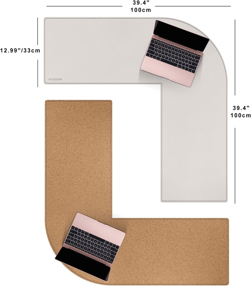 MAIDERN حصيرة مكتب زاوية من مايديرن، جلد وفلين، 100 × 100 × 33 سم، حصيرة طاولة مزدوجة الوجه، حصيرة فأرة كبيرة جدًا على شكل حرف L، حماية مكتب مقاومة للماء، حصيرة طاولة للمكتب والمنزل (كريمي) - Image 2