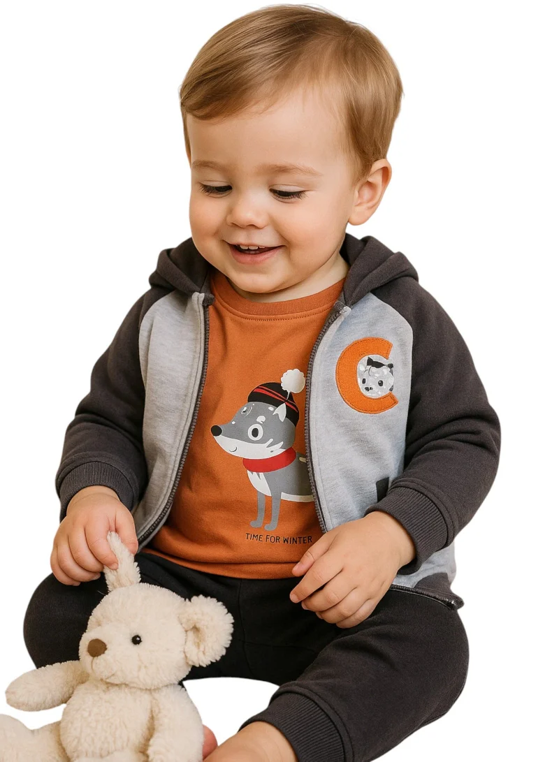 victor and jane Infant Boys “Time for Winter” 3-Piece CVC Fleece Set – Orange &amp; Navy
