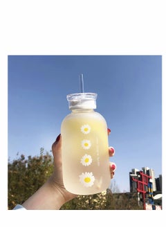 KASTWAVE Cute Water Bottle,  480ml Milk Juice Cute Water Bottle with Scale 2 Lids Little daisy Matte Portable Transparent Water Cup Grass Bottles Creative Handy Cup for Boy and Girls (Matte 4 flower)  - Image 1