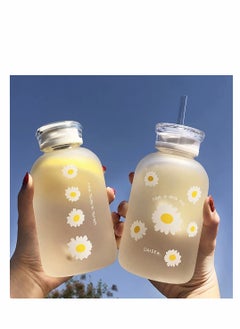 KASTWAVE Cute Water Bottle,  480ml Milk Juice Cute Water Bottle with Scale 2 Lids Little daisy Matte Portable Transparent Water Cup Grass Bottles Creative Handy Cup for Boy and Girls (Matte 4 flower)  - Image 5