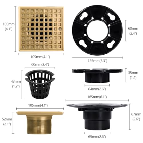 Uni-Green Champagne Bronze Shower Drain 4-1/4 Inch - Square Gold Shower Drain Kit with ABS Flange for 2" or 3" Pipe - Low Profile 304 Stainless Steel Shower Floor Drain Kit with Hair Carcher - Image 3