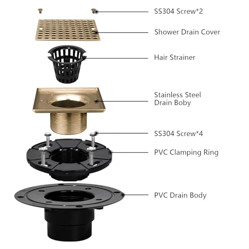 Uni-Green Champagne Bronze Shower Drain 4-1/4 Inch - Square Gold Shower Drain Kit with ABS Flange for 2" or 3" Pipe - Low Profile 304 Stainless Steel Shower Floor Drain Kit with Hair Carcher - Image 2