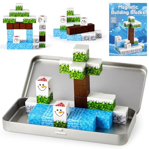 3 otters 32PCS Magnetic Building Blocks Winter Travel Set STEM Magnet Cubes Toys with Metal Storage Box for Kids Sensory Christmas Birthday Gifts for Boys Girls - Image 1