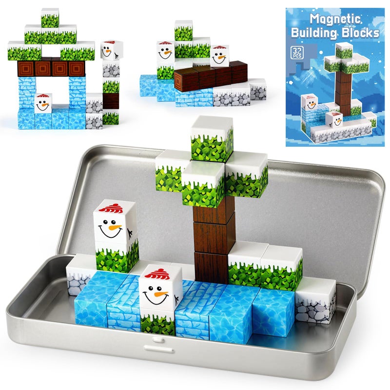 3 otters 32PCS Magnetic Building Blocks Winter Travel Set STEM Magnet Cubes Toys with Metal Storage Box for Kids Sensory Christmas Birthday Gifts for Boys Girls - Image 3