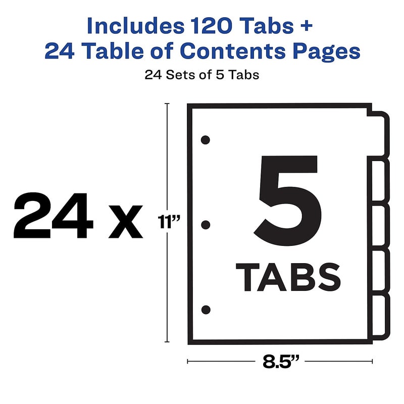 Avery Dividers for 3 Ring Binders, 5 Tabs per Set, Customizable Table of Contents, Multicolor Tabs, Great for Organizing High-Volume Reports, Projects, and More (24 Sets of 11167) - Image 5