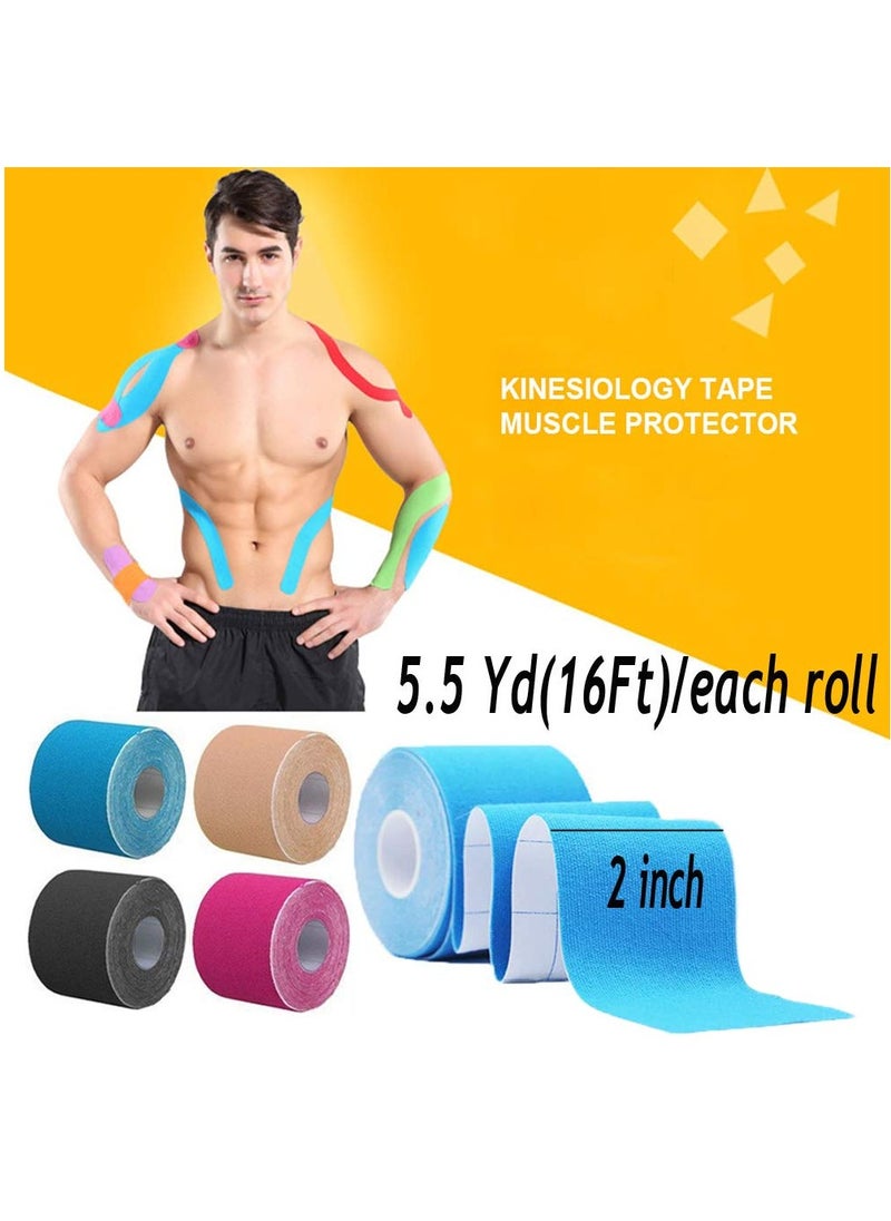 Dovva 4 Rolls Waterproof Breathable Kinesiology Tape, Athletic Elastic Kneepad Muscle Pain Relief Knee Taping for Gym Fitness Running Tennis Swimming Football (Black, Skin, Pink, Light Blue)  - Image 2