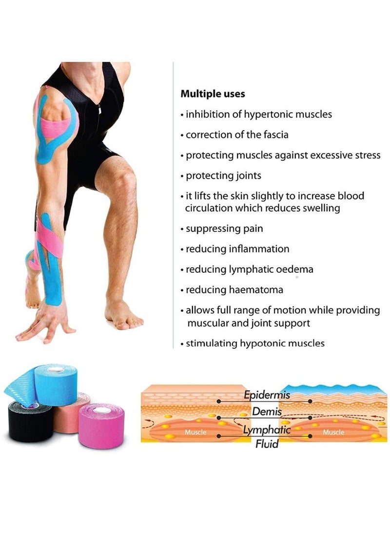 Dovva 4 Rolls Waterproof Breathable Kinesiology Tape, Athletic Elastic Kneepad Muscle Pain Relief Knee Taping for Gym Fitness Running Tennis Swimming Football (Black, Skin, Pink, Light Blue)  - Image 5