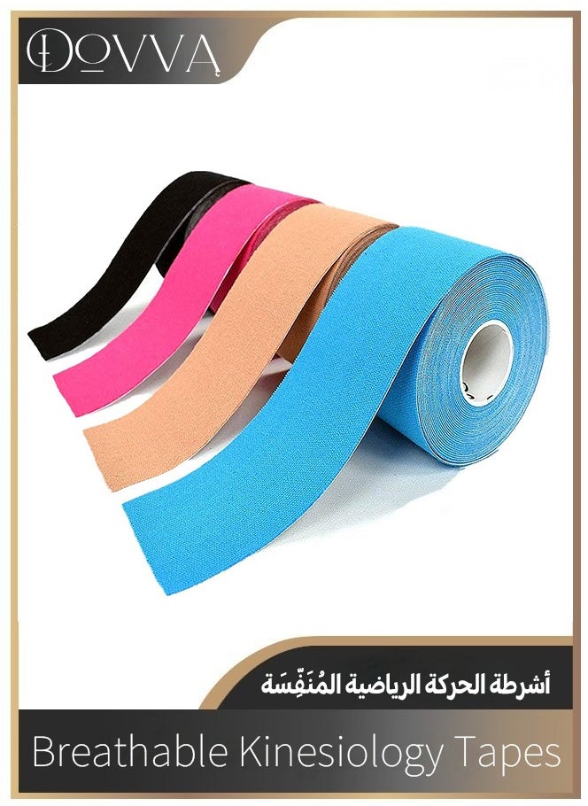 Dovva 4 Rolls Waterproof Breathable Kinesiology Tape, Athletic Elastic Kneepad Muscle Pain Relief Knee Taping for Gym Fitness Running Tennis Swimming Football (Black, Skin, Pink, Light Blue)  - Image 1