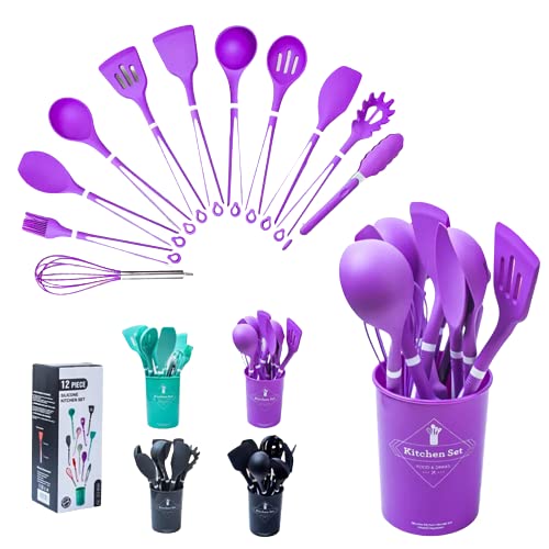 Cherryland 11 Pcs Silicone Kitchen Utensils Set Cooking Utensils Set with Heat Resistant BPAFree Silicone and Stainless Steel Handle Kitchen Tools Set Purple 12 Pcs Silicone Spatula Purple - Image 1