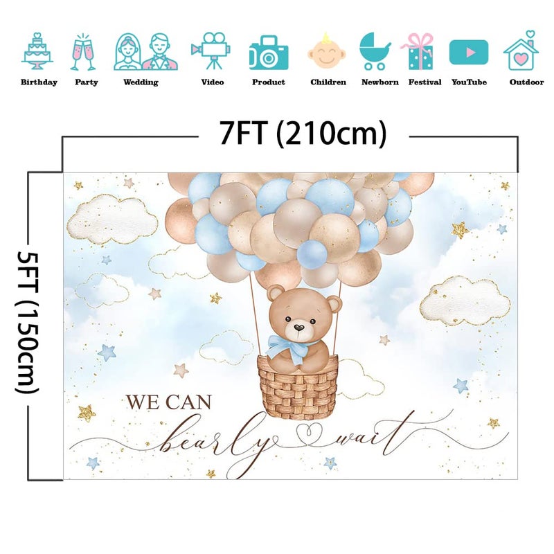 Mocsicka Blue Bear Hot Air Balloon Backdrop For Boy, Background We Can Bearly Wait Baby Shower Party Cake Table Decoration Photo Booth Props (7x5ft) - Image 3