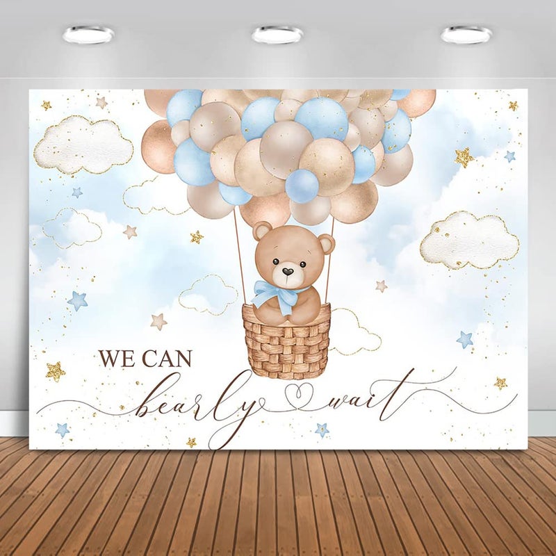 Mocsicka Blue Bear Hot Air Balloon Backdrop For Boy, Background We Can Bearly Wait Baby Shower Party Cake Table Decoration Photo Booth Props (7x5ft) - Image 1
