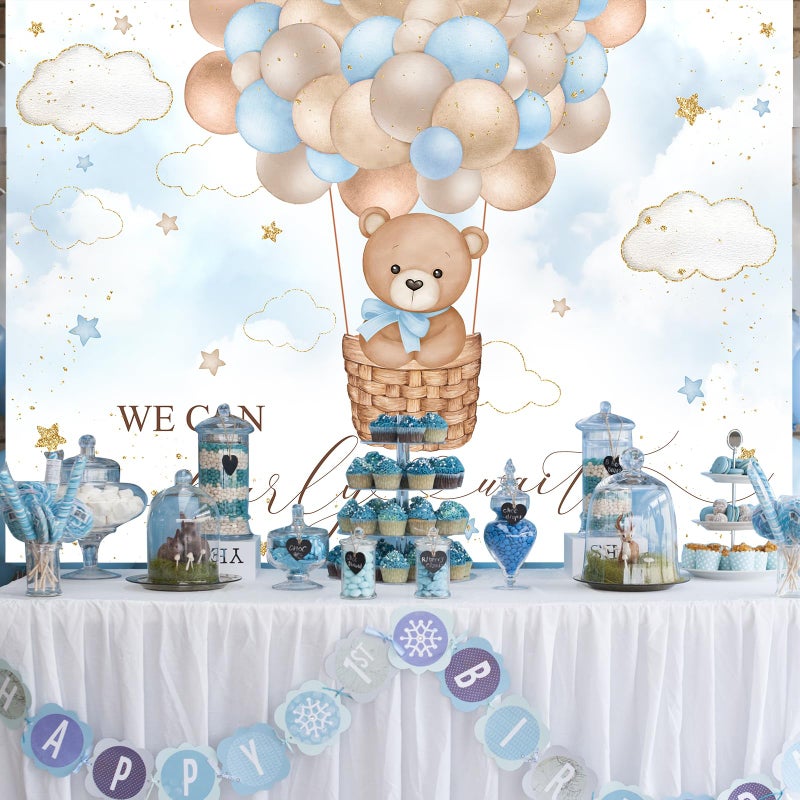 Mocsicka Blue Bear Hot Air Balloon Backdrop For Boy, Background We Can Bearly Wait Baby Shower Party Cake Table Decoration Photo Booth Props (7x5ft) - Image 2