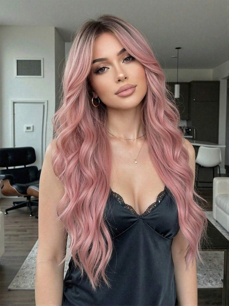 Synthetic Heat-Resistant Curly Gradient Pink Wig, 28 Inches Long, Natural and Realistic Fiber Hairpiece for Daily  Use