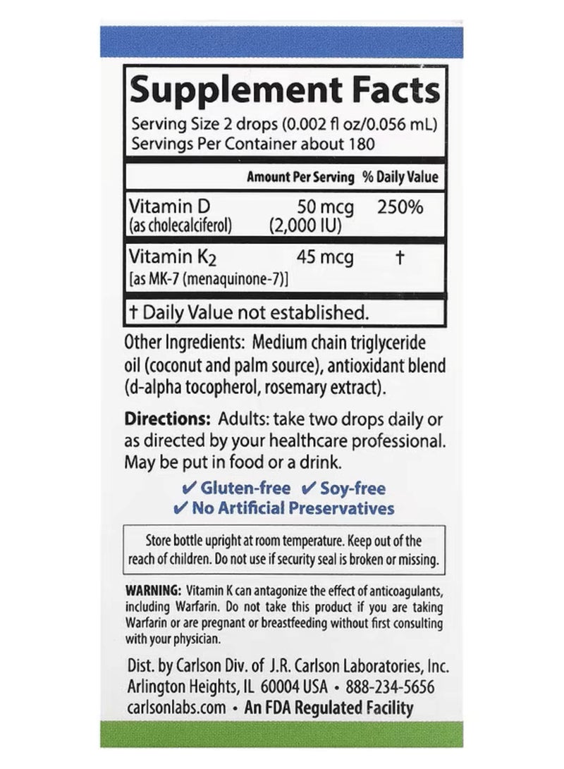 Carlson, Super Daily® Vitamin D3 + K2, 0.34 fl oz (10.16 ml) - Image 2