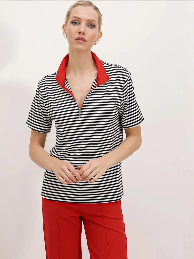 بيغ دارت تيشيرت بياقة بسحاب مخطط من