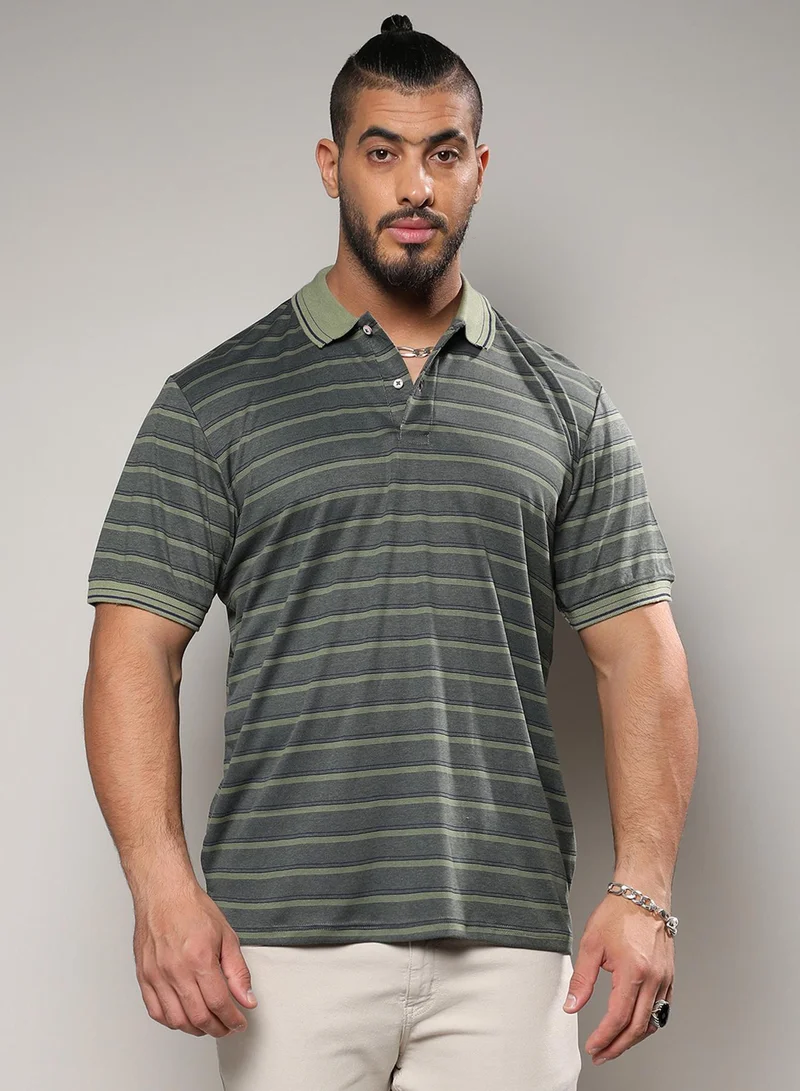Instafab Plus Men's Grey Striped Regular Fit  Casual T-Shirt