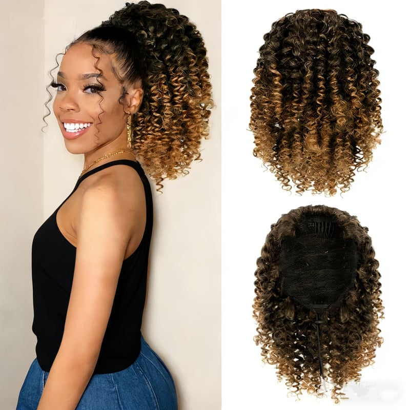 Ladies 12 Inch Brown Gradient Curly Ponytail Wig Daily Wear Carnival Easy Volume - Image 1