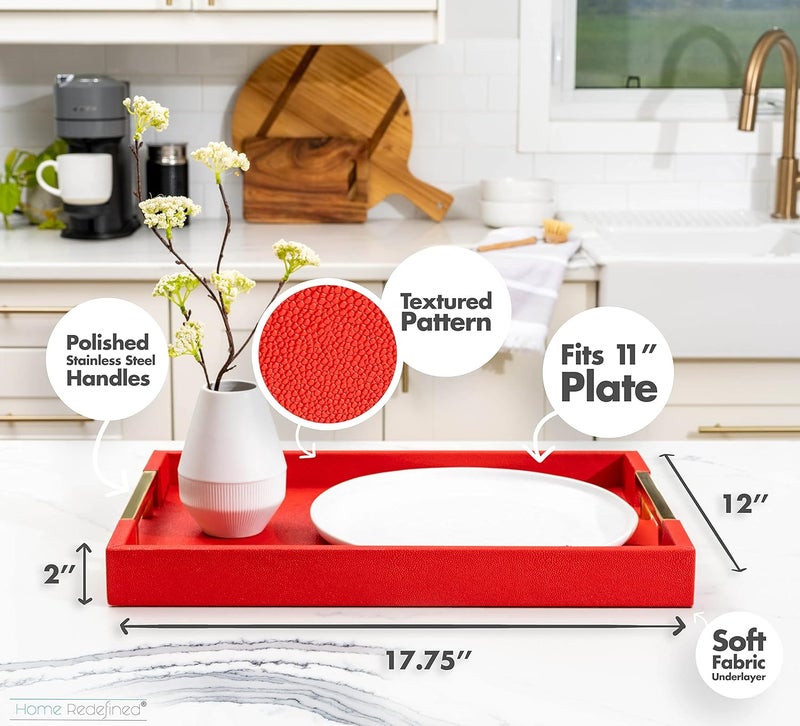 Home Redefined Modern Elegant 18x12 Rectangle Red Shagreen Faux Leather Decorative Tray Ottoman Coffee Table Perfume Living Room Kitchen Serving Tray with Gold Polished Metal Handles by Home Redefined - Image 3