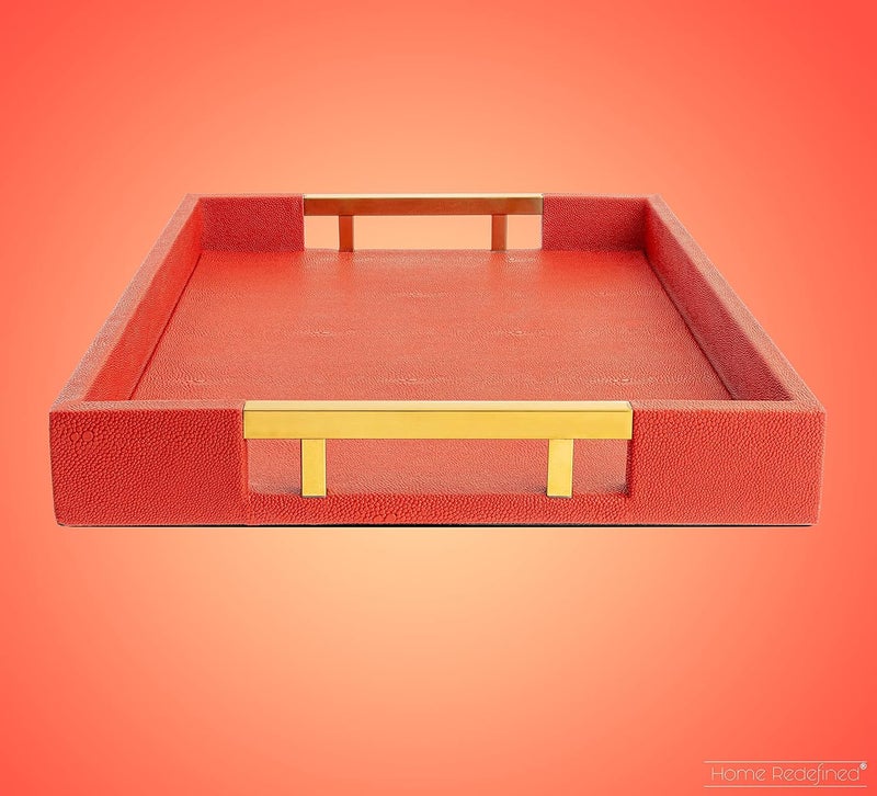 Home Redefined Modern Elegant 18x12 Rectangle Red Shagreen Faux Leather Decorative Tray Ottoman Coffee Table Perfume Living Room Kitchen Serving Tray with Gold Polished Metal Handles by Home Redefined - Image 4