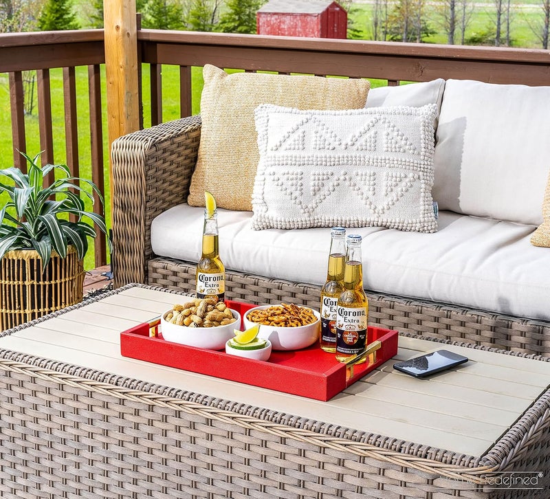 Home Redefined Modern Elegant 18x12 Rectangle Red Shagreen Faux Leather Decorative Tray Ottoman Coffee Table Perfume Living Room Kitchen Serving Tray with Gold Polished Metal Handles by Home Redefined - Image 2