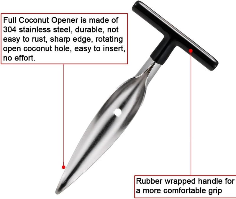CJFocus Coconut Opener Tool Set with 4 Knives, 8 Reusable Straws & 4 Brushes, Food Grade Stainless Steel Coco Nut Bottle Opener for Young Thai Green Fresh Coconut Water, Safe Convenient Drill Punch Tool - Image 2