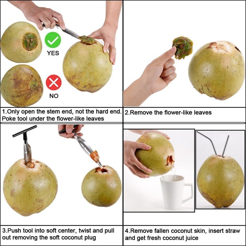 CJFocus Coconut Opener Tool Set with 4 Knives, 8 Reusable Straws & 4 Brushes, Food Grade Stainless Steel Coco Nut Bottle Opener for Young Thai Green Fresh Coconut Water, Safe Convenient Drill Punch Tool - Image 3