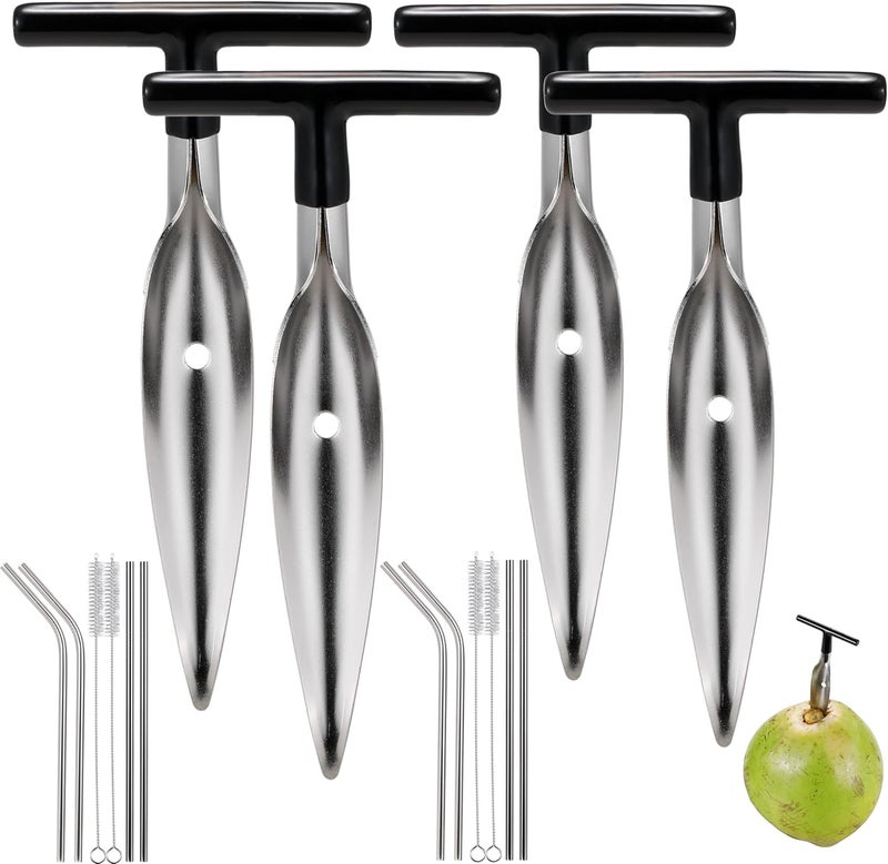 CJFocus Coconut Opener Tool Set with 4 Knives, 8 Reusable Straws & 4 Brushes, Food Grade Stainless Steel Coco Nut Bottle Opener for Young Thai Green Fresh Coconut Water, Safe Convenient Drill Punch Tool - Image 1