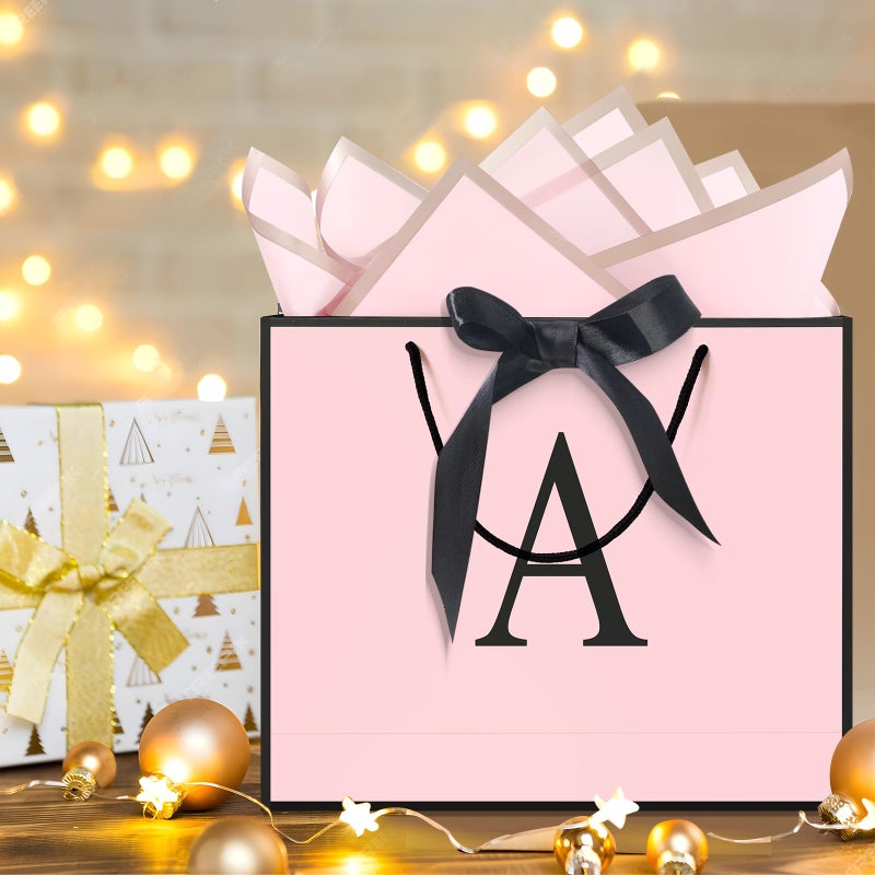 QLSKO Personalized Initial Paper Bag for Women Grils,Monogrammed Gift Bag with Bow Ribbon,Wrapping Tissue and Card Matching Envelope Sticker (Pink, A-Medium) - Image 4