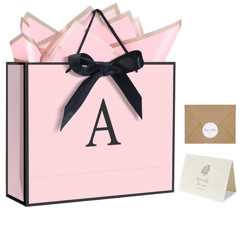 QLSKO Personalized Initial Paper Bag for Women Grils,Monogrammed Gift Bag with Bow Ribbon,Wrapping Tissue and Card Matching Envelope Sticker (Pink, A-Medium) - Image 1