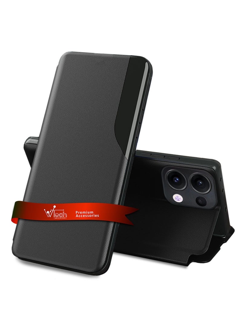 دبليو تيك Oppo Reno13 5G 2024 جراب هاتف ذكي مرآة نافذة فليب غطاء استيقاظ تلقائي للنوم - أسود - Image 1