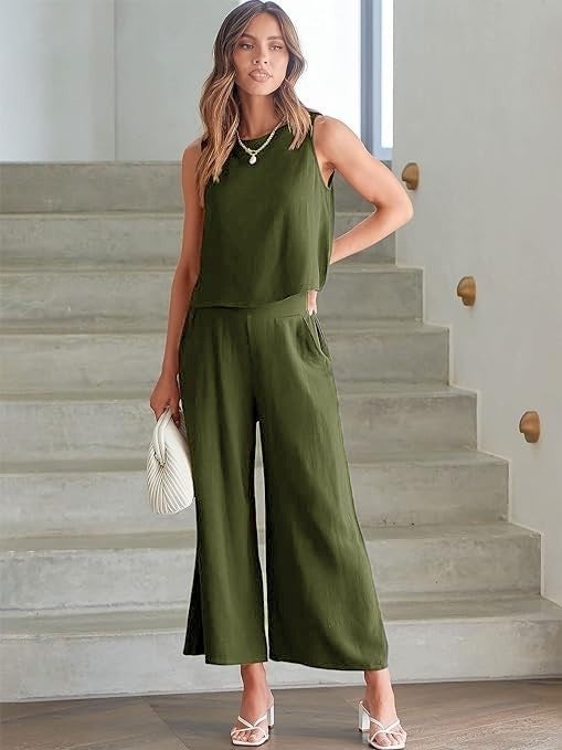 1Tarz 1Style Barbora Linen Summer High Waist Capri Pants Back Detail Sleeveless Two Piece Set LN26HAKI4 - Image 3