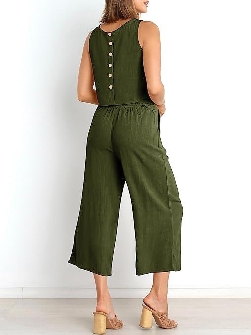1Tarz 1Style Barbora Linen Summer High Waist Capri Pants Back Detail Sleeveless Two Piece Set LN26HAKI4 - Image 1