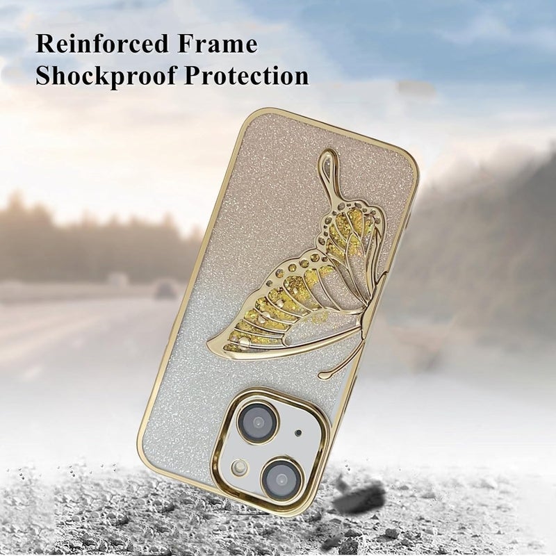 Mobistyle Designed For Iphone 13 Cover With Luxury Glitter Cute Butterfly Plating Design Aesthetic Women Teen Girls Back Cover Cases For Iphone 13 (Butterfly |Gold) - Glass - Image 3