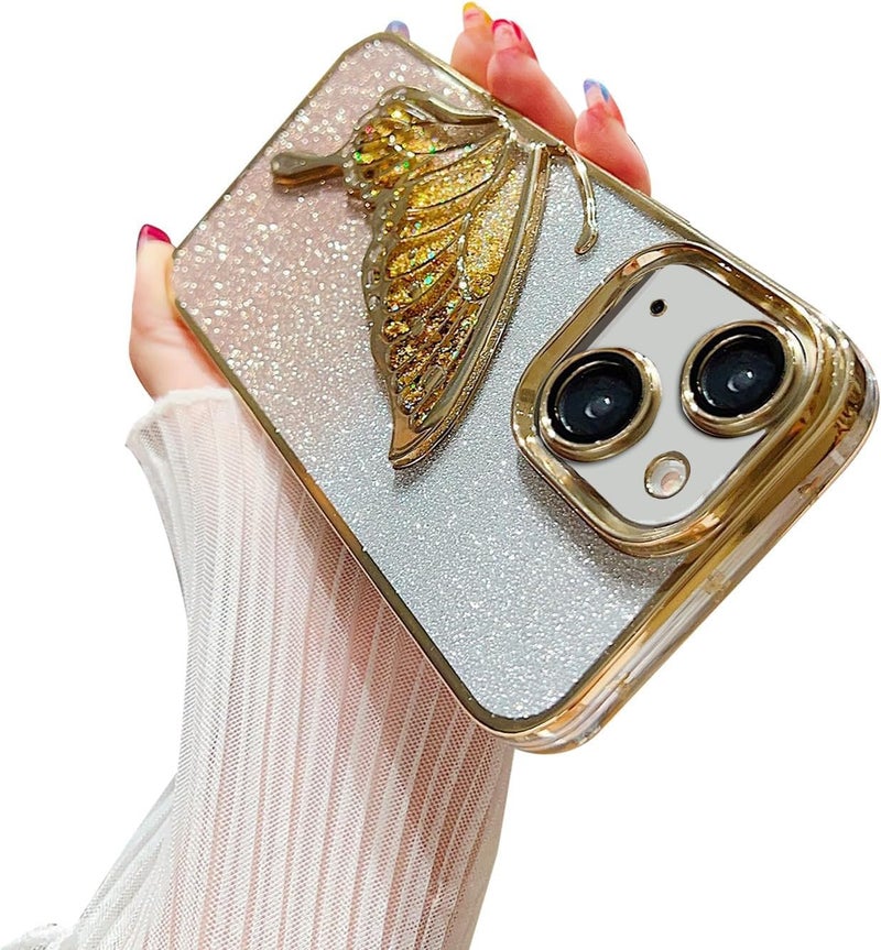 Mobistyle Designed For Iphone 13 Cover With Luxury Glitter Cute Butterfly Plating Design Aesthetic Women Teen Girls Back Cover Cases For Iphone 13 (Butterfly |Gold) - Glass - Image 2