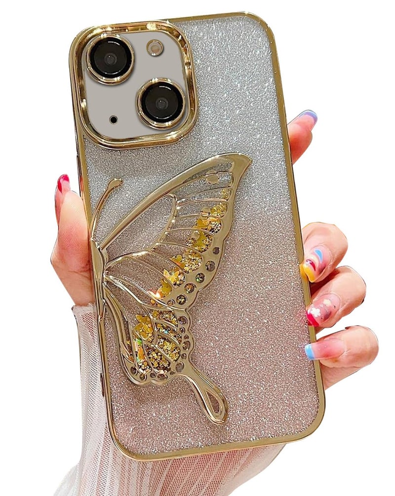 Mobistyle Designed For Iphone 13 Cover With Luxury Glitter Cute Butterfly Plating Design Aesthetic Women Teen Girls Back Cover Cases For Iphone 13 (Butterfly |Gold) - Glass - Image 1