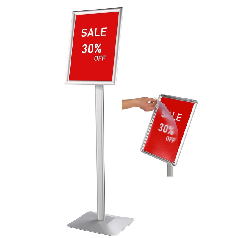 DISPLAYSWORKER Adjustable Heavy Duty Pedestal Sign holder floor Standsign stand poster stand Aluminum Snap Open FrameStanding Floor for 85x 11 inchVerticalHorizontal ViewSILVER