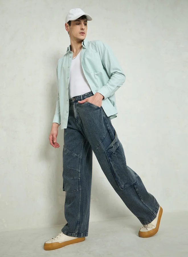 ساسافراس Sassafras Men Blue Mid Rise Washed Cargo Pocket Detail Wide Leg Jeans