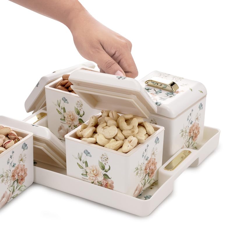 NAYASA Miracle Dry Fruit, 4 pcs Container Serving Tray Set | 600 ML Each | Multipurpose Plastic Serving Set | Premium Design | BPA Free | Food Grade | Air-Tight Lid | Snack Organizer Tray | White - Image 5