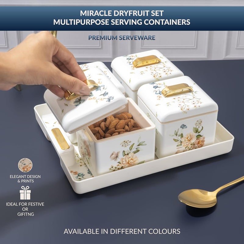 NAYASA Miracle Dry Fruit, 4 pcs Container Serving Tray Set | 600 ML Each | Multipurpose Plastic Serving Set | Premium Design | BPA Free | Food Grade | Air-Tight Lid | Snack Organizer Tray | White - Image 2