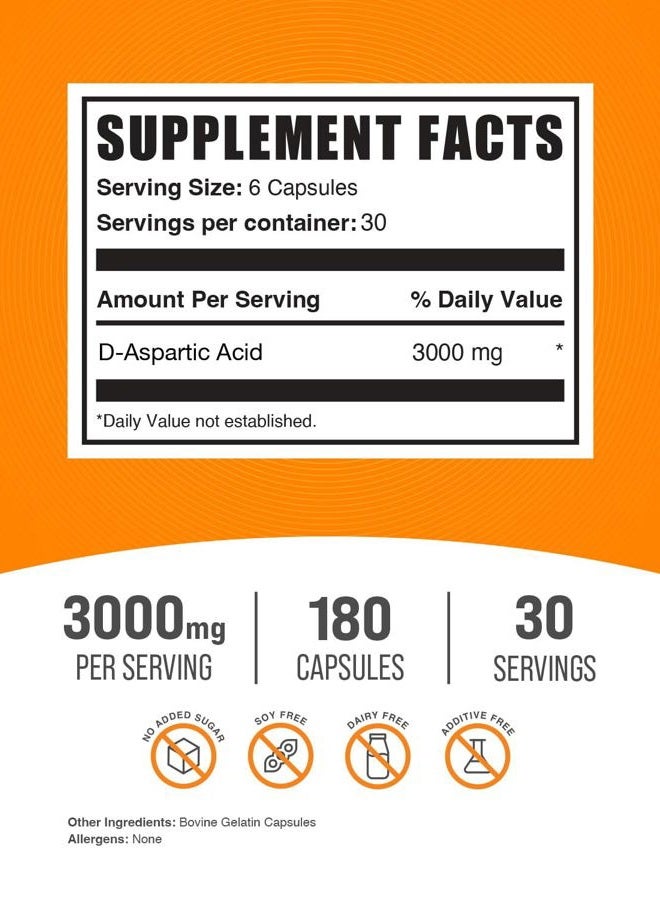 BulkSupplements .com D-Aspartic Acid Capsules - DAA Supplement for Men & Women, D-Aspartic Acid 3000mg - Unflavored & Soy Free, 6 Capsules per Serving, 180 Capsules (Pack of 1) - Image 2