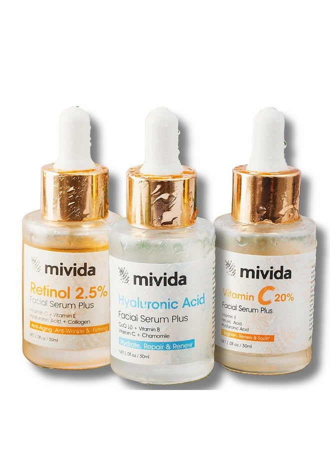 Mivida Ivida Facial Serum Set Of 3 ; Hyaluronic Acid Serum + Retinol 2.5% Serum + Vitamin C 20% Serum ; Antiaging Hydrating Brightening & Firming Serum For Face ; Skincare Set ; 1 Fl Oz Pack Of 3 - Image 2