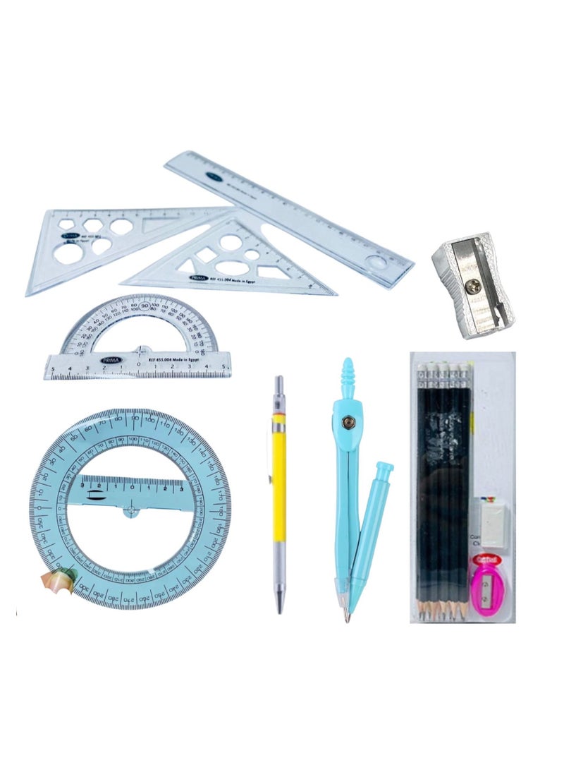 A set of 9 school geometry tools (4 pieces of geometry rulers + a metal protractor with teeth + a card of 10 pencils, erasers, and a sharpener + a metal sharpener + a toothed pencil + a 360 protractor) - Image 1