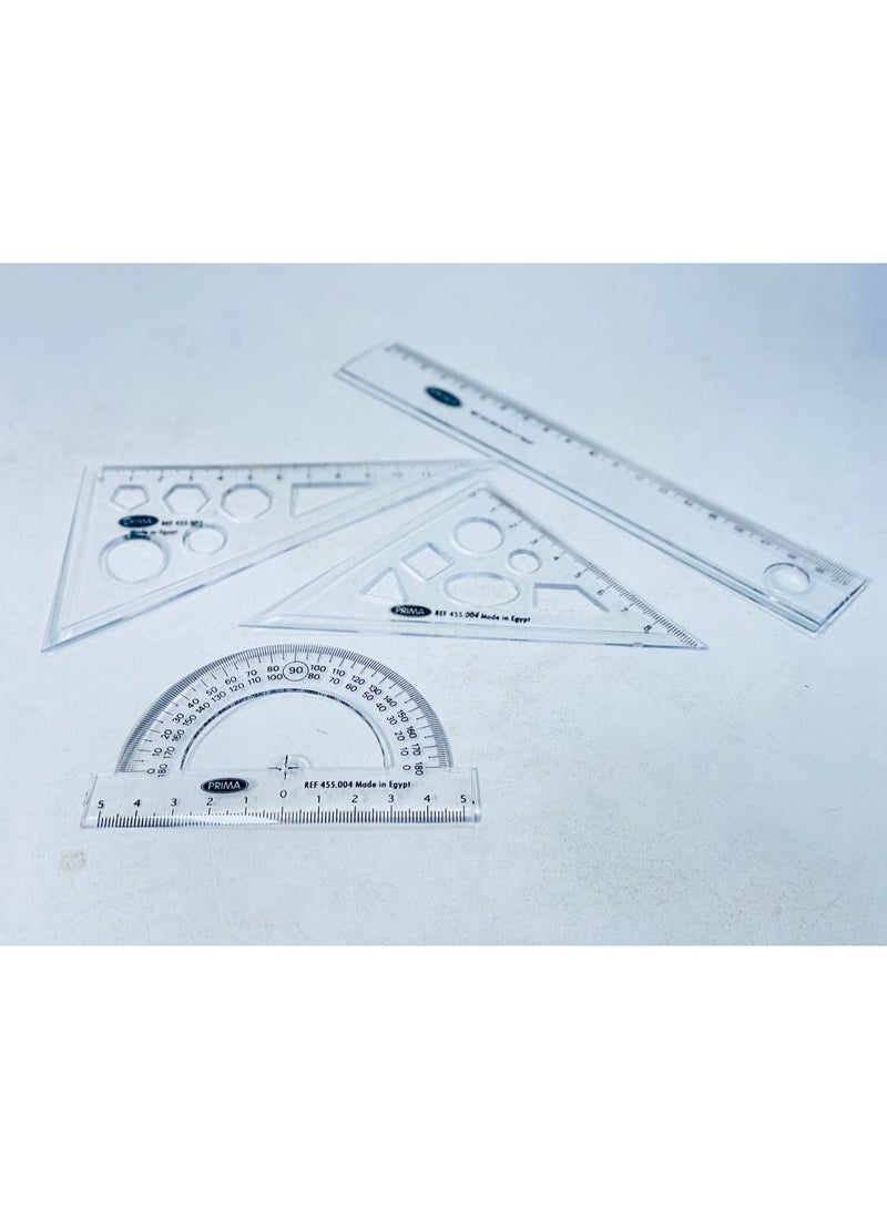 A set of 9 school geometry tools (4 pieces of geometry rulers + a metal protractor with teeth + a card of 10 pencils, erasers, and a sharpener + a metal sharpener + a toothed pencil + a 360 protractor) - Image 2