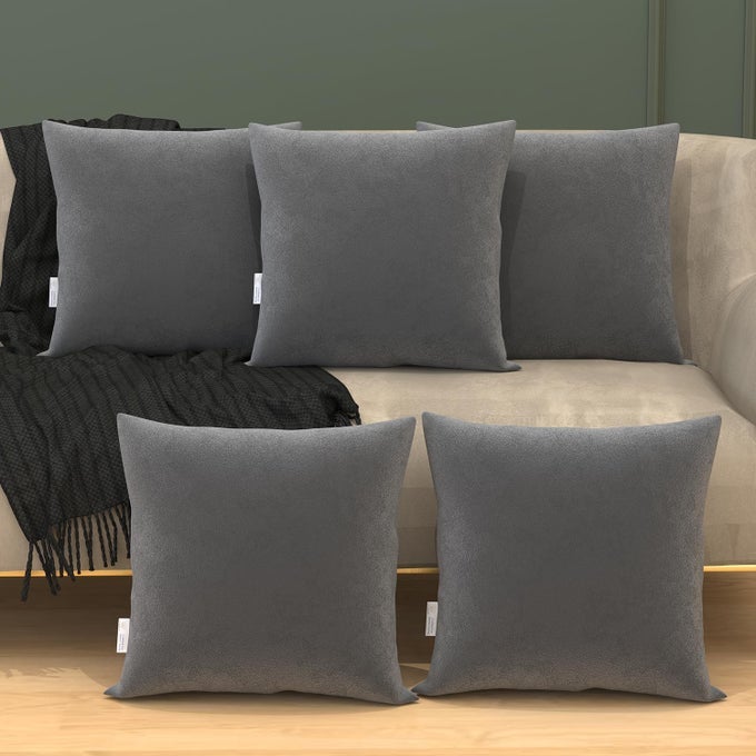 MICROFIBER SQUARE PILLOW CUSHION FOR SOFA & BED | SOFT, FLUFFY FOR COMFORT & BACK SUPPORT | WASHABLE | PREMIUM VELVET OUTER COVER, GREY, PACK OF 5 [16" X 16"]
