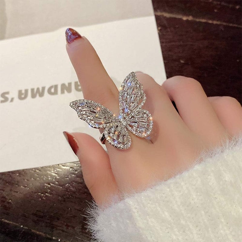 Chmier Aimimier Cubic Zirconia Butterfly Ring Sparkling Crystal Bow-Knot Knuckle Ring Wedding Jewelry for Women and Girls (Silver) - Image 1