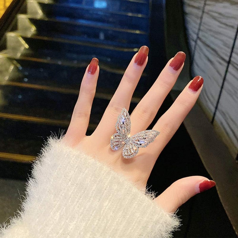 Chmier Aimimier Cubic Zirconia Butterfly Ring Sparkling Crystal Bow-Knot Knuckle Ring Wedding Jewelry for Women and Girls (Silver) - Image 3