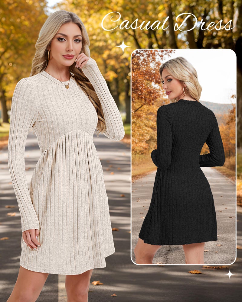 Cutecrop 2 Pack Women Maternity Knit Sweater Dress Long Sleeve Casual Pregnancy Midi Dress Crew Neck Pleated Empire Waist(Apricot, Black,L) - Image 4