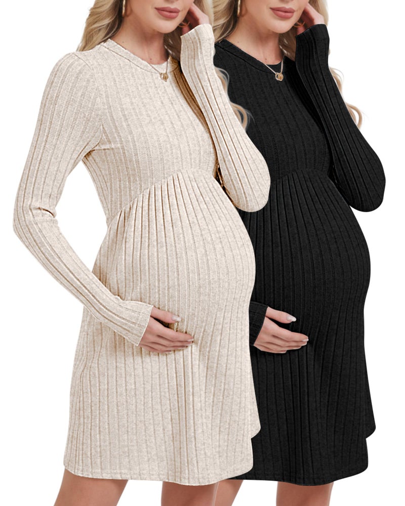 Cutecrop 2 Pack Women Maternity Knit Sweater Dress Long Sleeve Casual Pregnancy Midi Dress Crew Neck Pleated Empire Waist(Apricot, Black,L) - Image 1