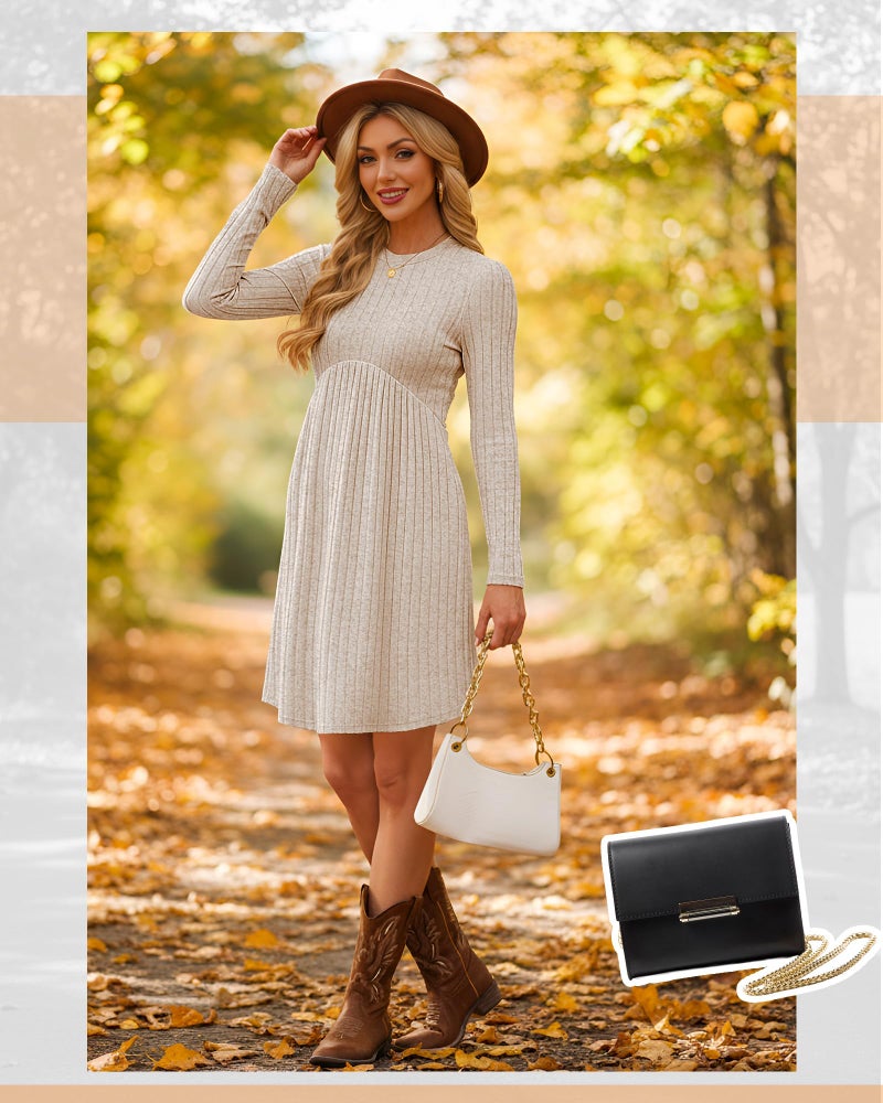 Cutecrop 2 Pack Women Maternity Knit Sweater Dress Long Sleeve Casual Pregnancy Midi Dress Crew Neck Pleated Empire Waist(Apricot, Black,L) - Image 5